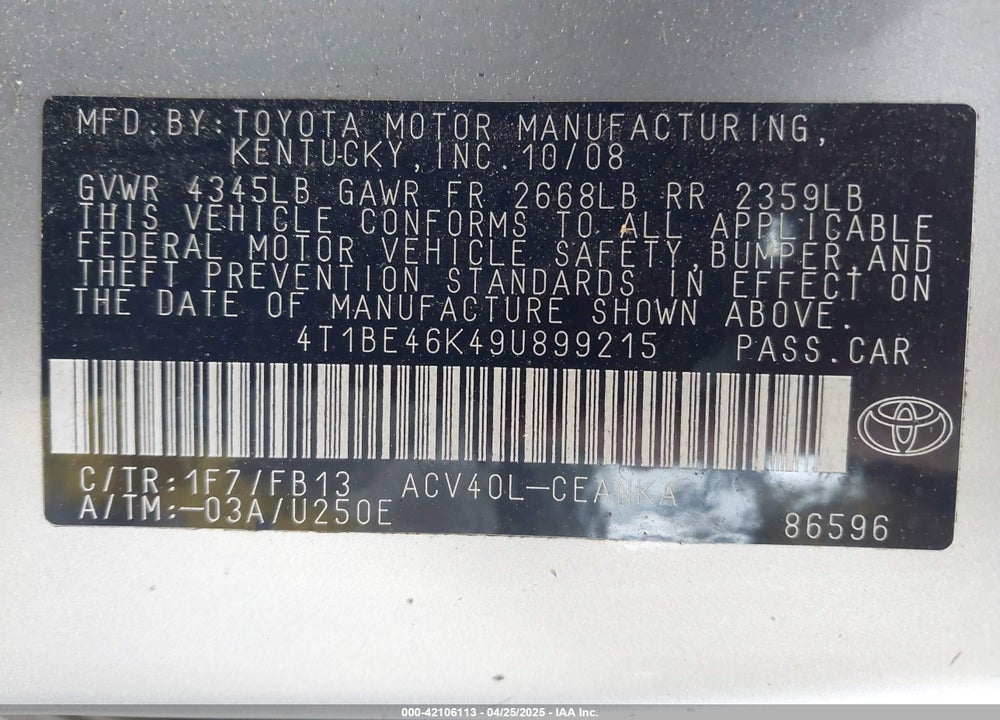 2009 TOYOTA CAMRY VIN: 4T1BE46K49U899215