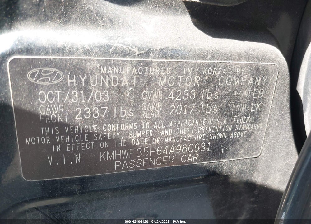 2004 HYUNDAI SONATA GLS/LX VIN: KMHWF35H64A980631
