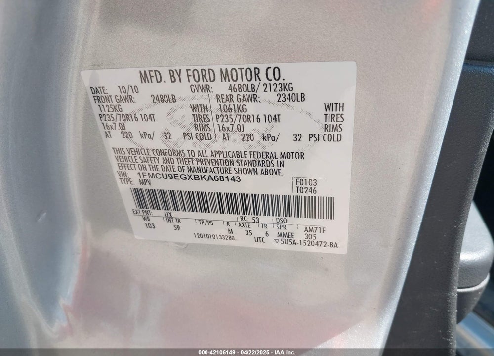 2011 FORD ESCAPE VIN: 1FMCU9EGXBKA68143