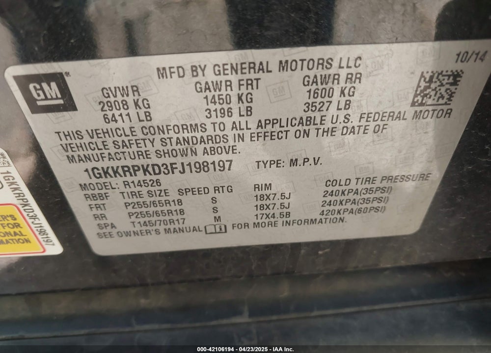 2015 GMC ACADIA VIN: 1GKKRPKD3FJ198197