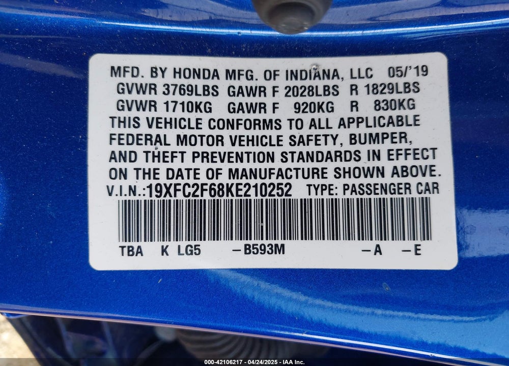 2019 HONDA CIVIC LX VIN: 19XFC2F68KE210252