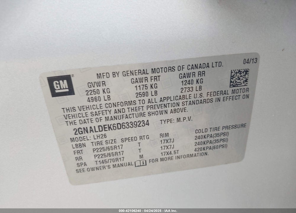 2013 CHEVROLET EQUINOX VIN: 2GNALDEK6D6339234