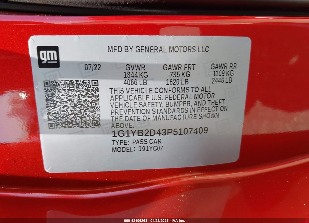 2023 CHEVROLET CORVETTE STINGRAY VIN: 1G1YB2D43P5107409