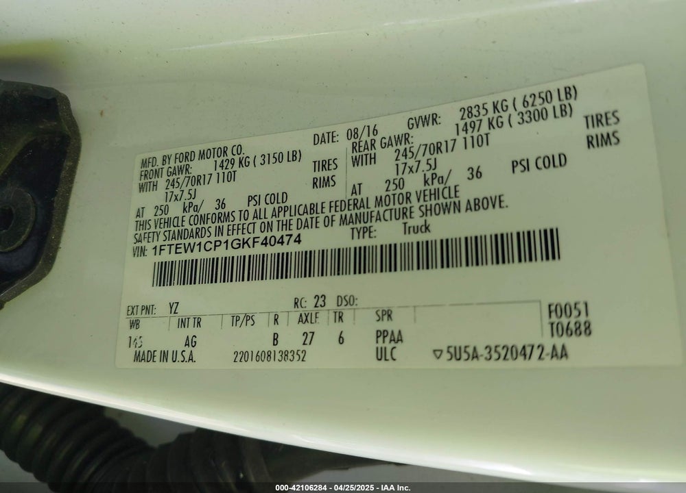 2016 FORD F-150 VIN: 1FTEW1CP1GKF40474