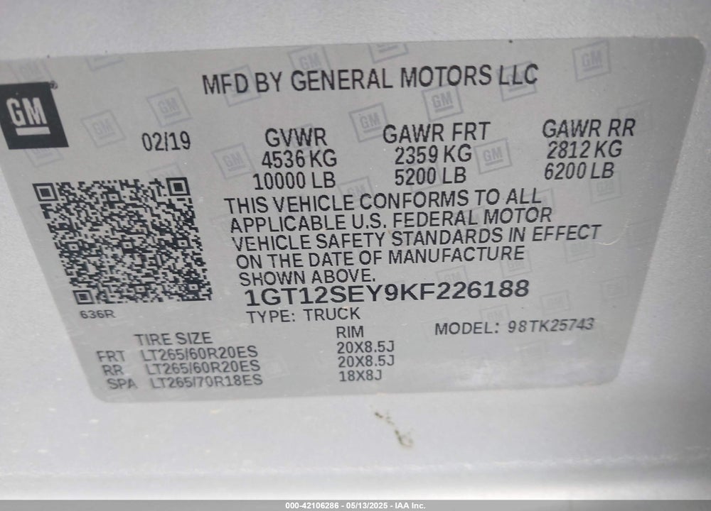 2019 GMC SIERRA VIN: 1GT12SEY9KF226188