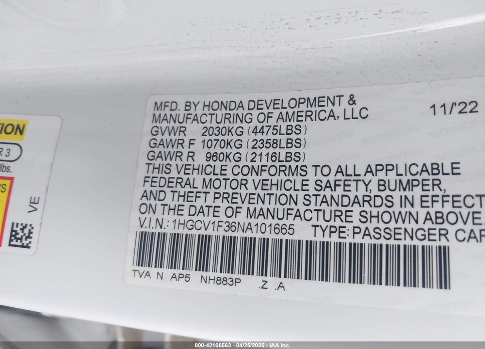 2022 HONDA ACCORD SPORT VIN: 1HGCV1F36NA101665