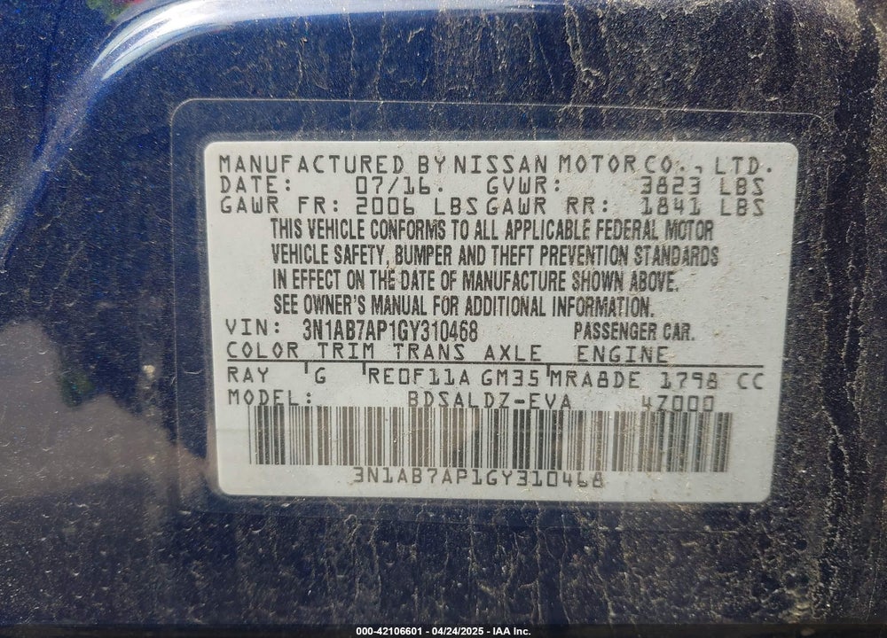 2016 NISSAN SENTRA VIN: 3N1AB7AP1GY310468