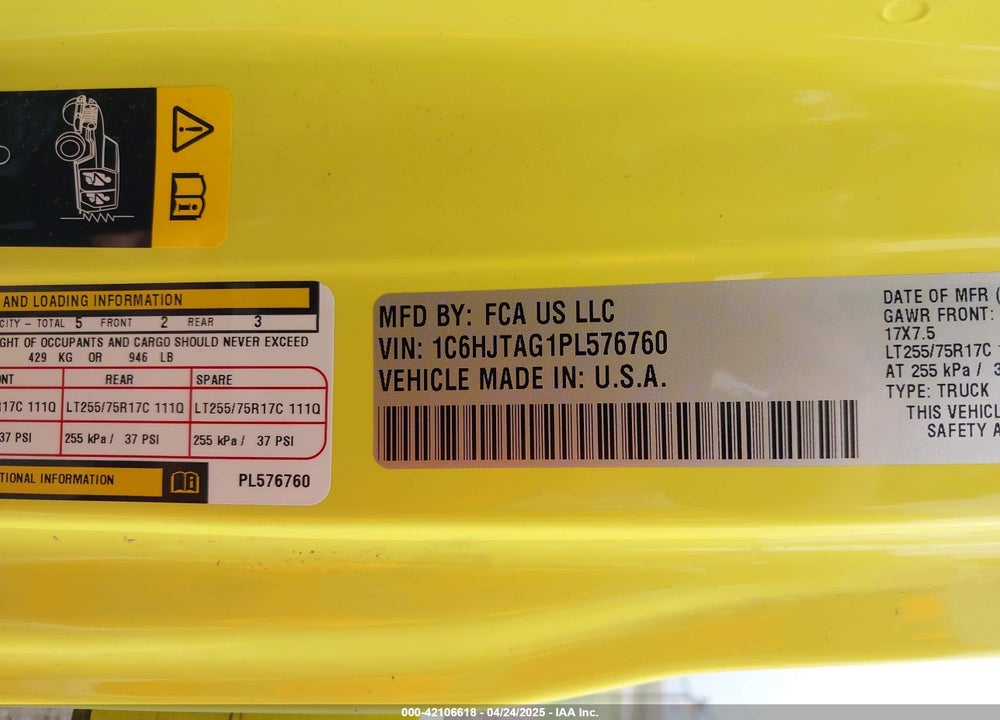 2023 JEEP GLADIATOR VIN: 1C6HJTAG1PL576760