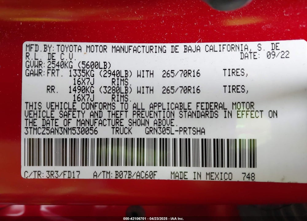 2022 TOYOTA TACOMA TRD OFF ROAD VIN: 3TMCZ5AN3NM530056