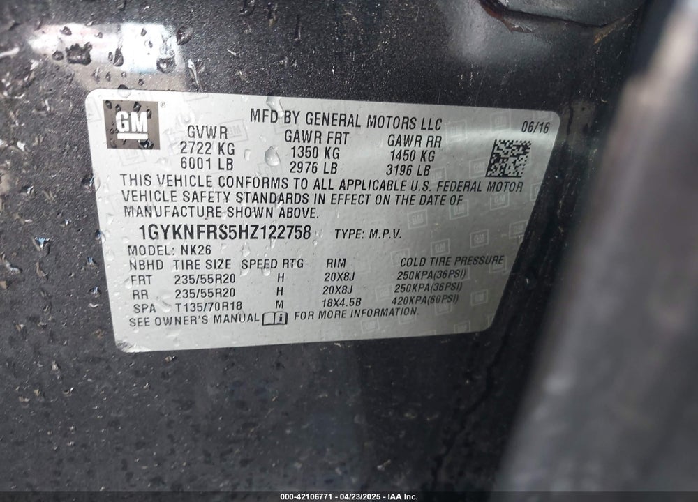 2017 CADILLAC XT5 VIN: 1GYKNFRS5HZ122758