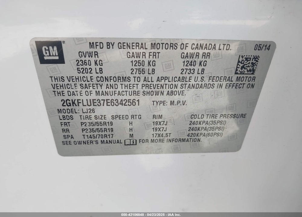 2014 GMC TERRAIN DENALI VIN: 2GKFLUE37E6342561