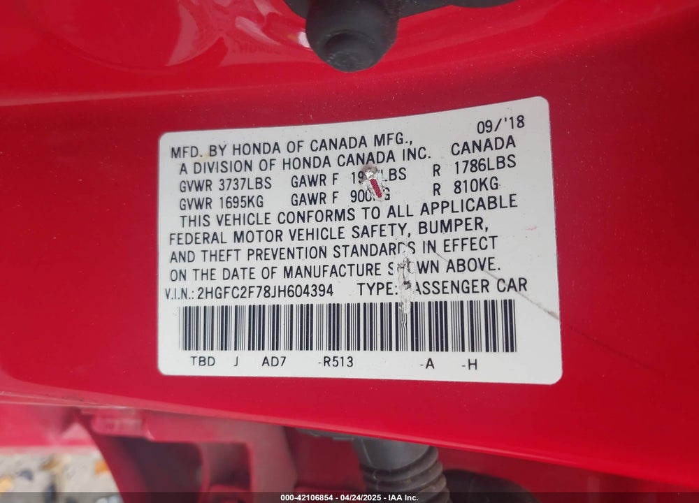 2018 HONDA CIVIC EX VIN: 2HGFC2F78JH604394
