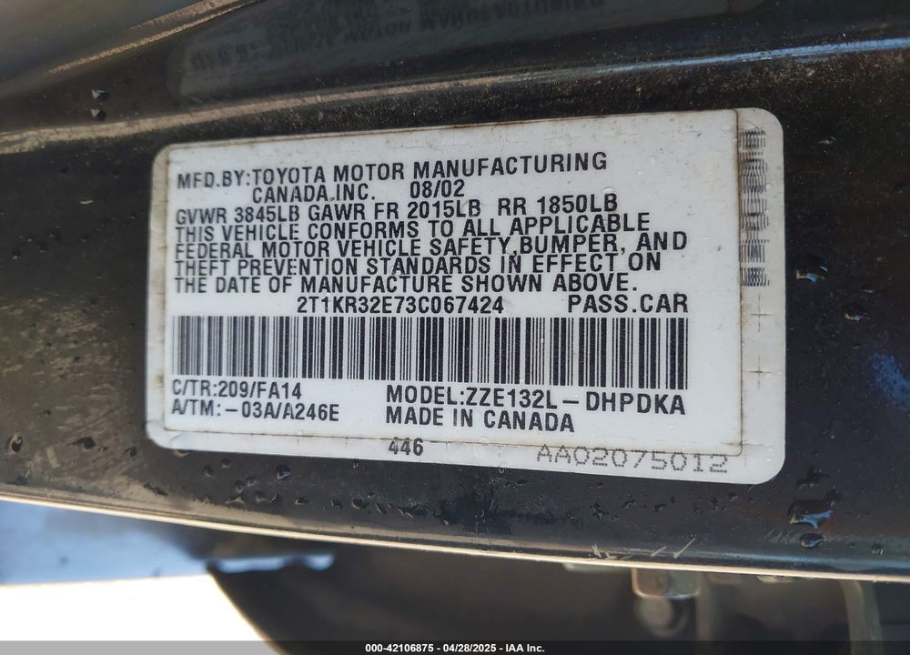 2003 TOYOTA MATRIX STANDARD VIN: 2T1KR32E73C067424