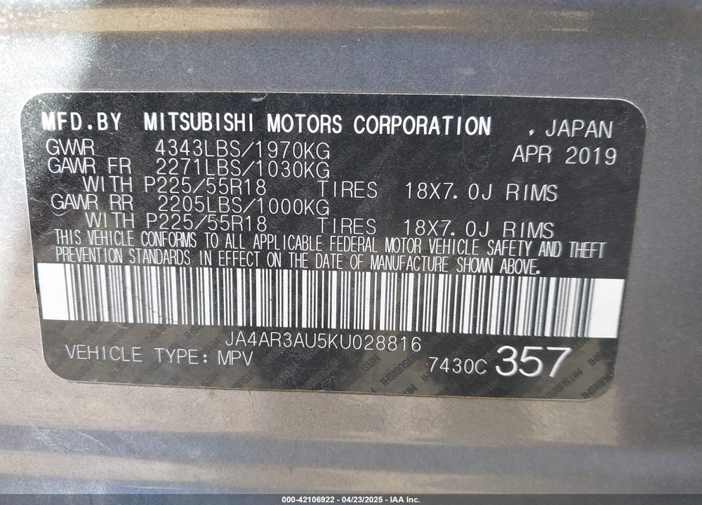 2019 MITSUBISHI OUTLANDER SPORT VIN: JA4AR3AU5KU028816