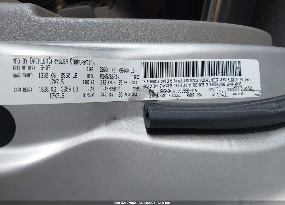 2007 JEEP COMMANDER SPORT VIN: 1J8HG48K87C661966