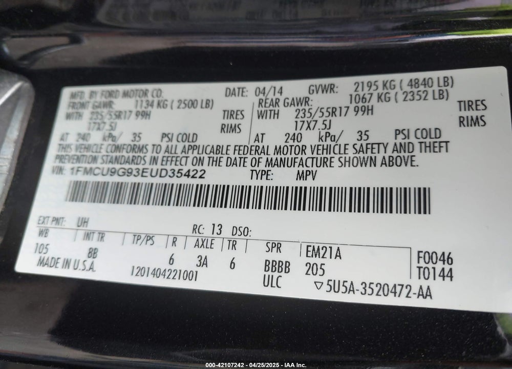 2014 FORD ESCAPE VIN: 1FMCU9G93EUD35422