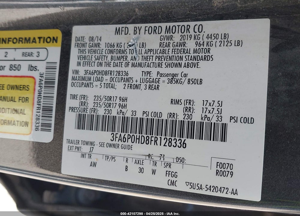 2015 FORD FUSION VIN: 3FA6P0HD8FR128336