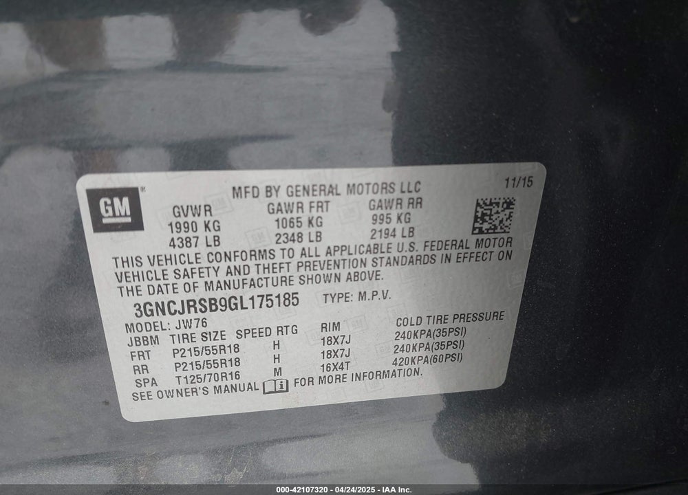 2016 CHEVROLET TRAX VIN: 3GNCJRSB9GL175185