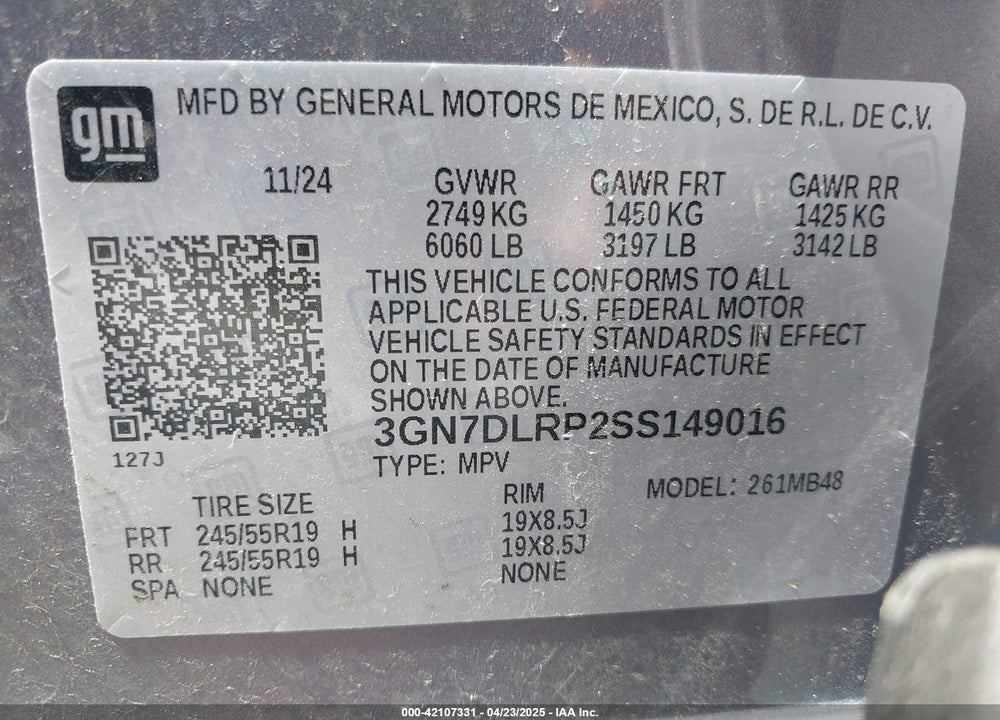 2025 CHEVROLET EQUINOX EV VIN: 3GN7DLRP2SS149016