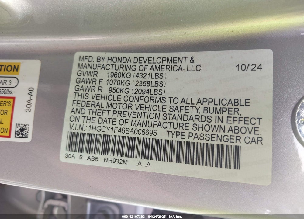 2025 HONDA ACCORD SE VIN: 1HGCY1F46SA006695