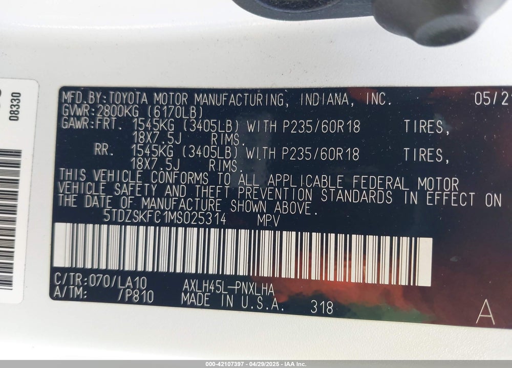 2021 TOYOTA SIENNA LIMITED VIN: 5TDZSKFC1MS025314