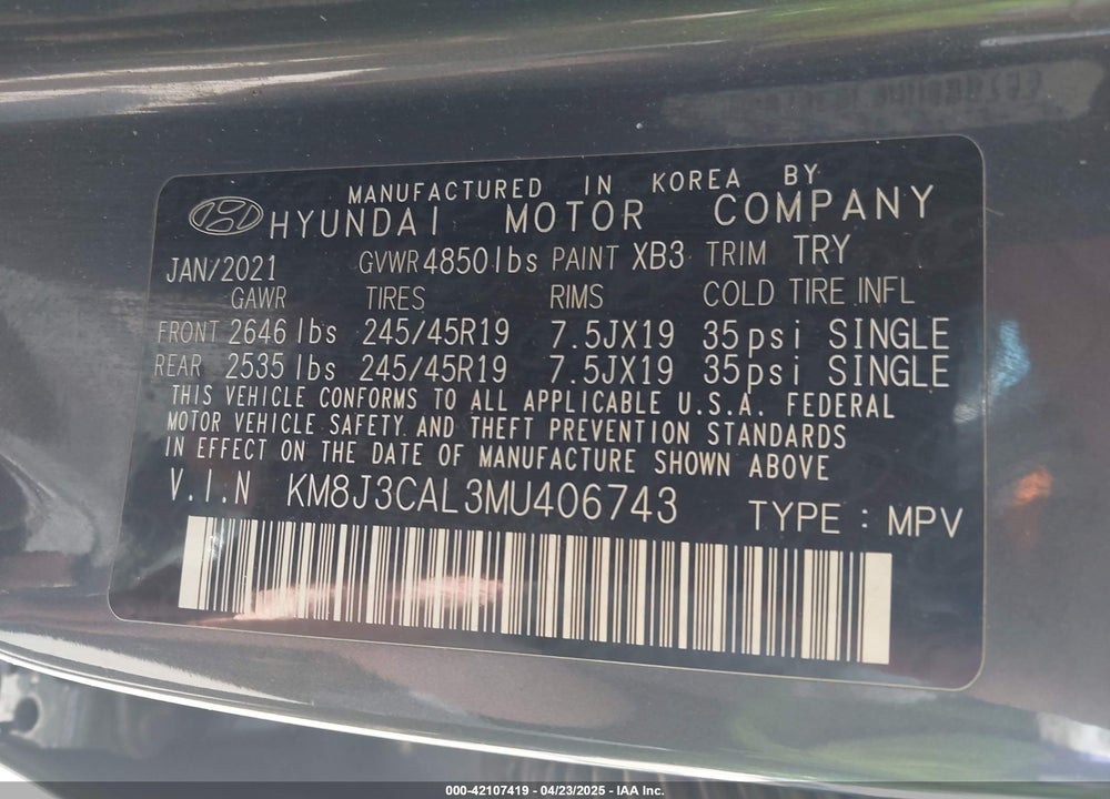 2021 HYUNDAI TUCSON SPORT VIN: KM8J3CAL3MU406743