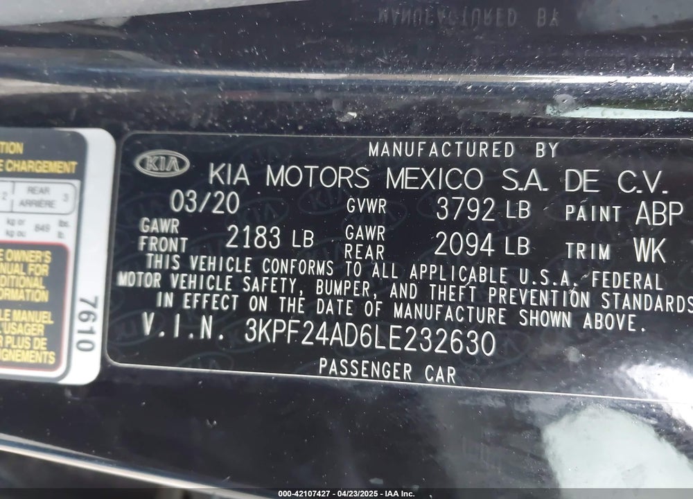 2020 KIA FORTE VIN: 3KPF24AD6LE232630
