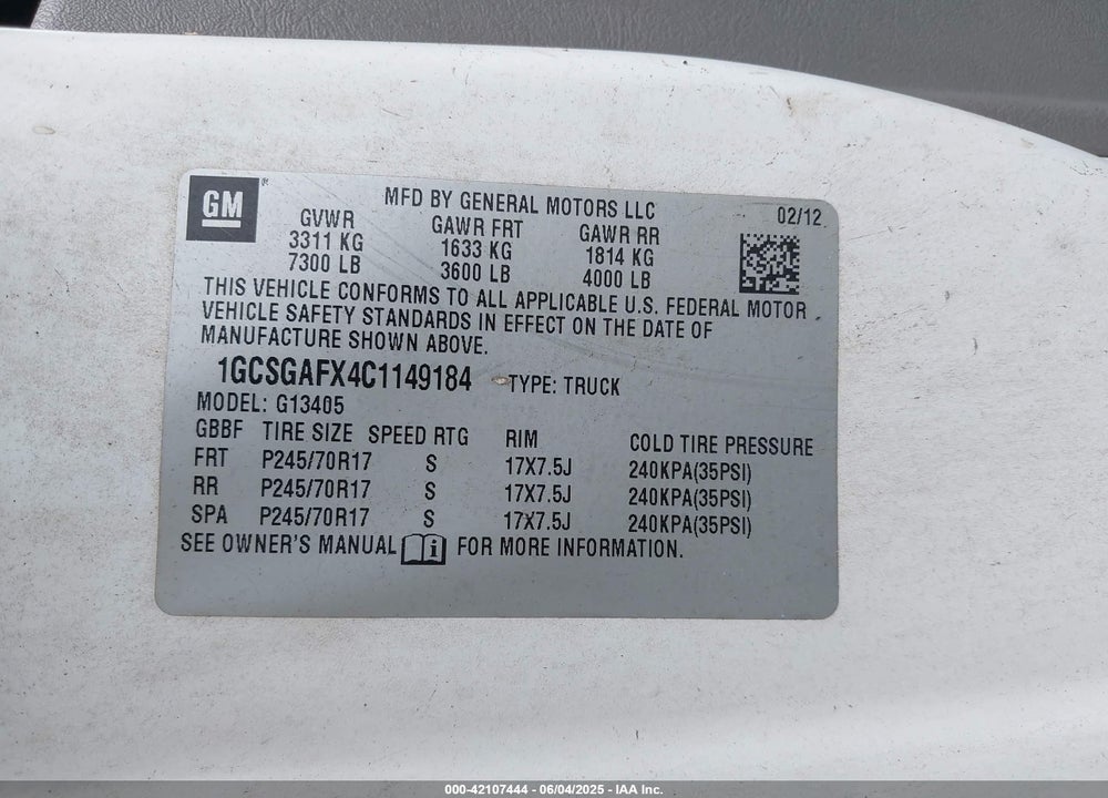 2012 CHEVROLET EXPRESS 1500 WORK VAN VIN: 1GCSGAFX4C1149184