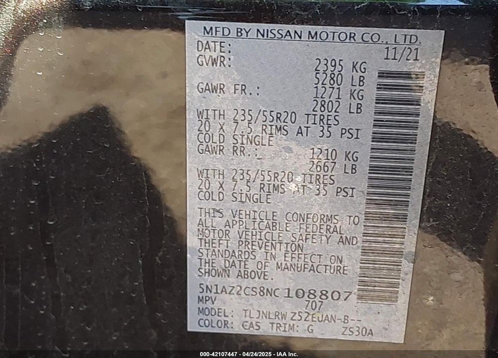 2022 NISSAN MURANO SL INTELLIGENT AWD VIN: 5N1AZ2CS8NC108807