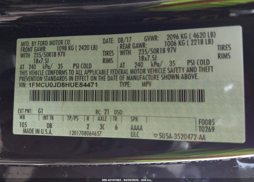 2017 FORD ESCAPE VIN: 1FMCU0JD8HUE84471
