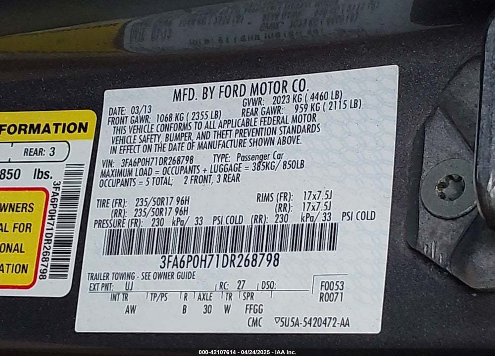 2013 FORD FUSION VIN: 3FA6P0H71DR268798