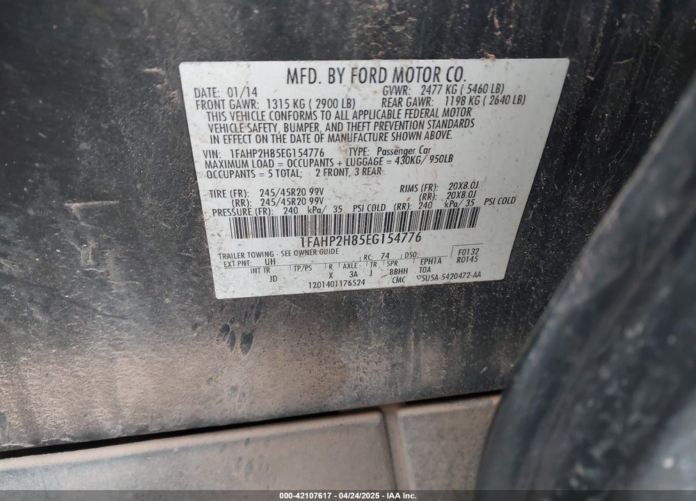 2014 FORD TAURUS SEL VIN: 1FAHP2H85EG154776