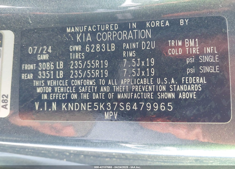 2025 KIA CARNIVAL MPV SX PRESTIGE VIN: KNDNE5K37S6479965