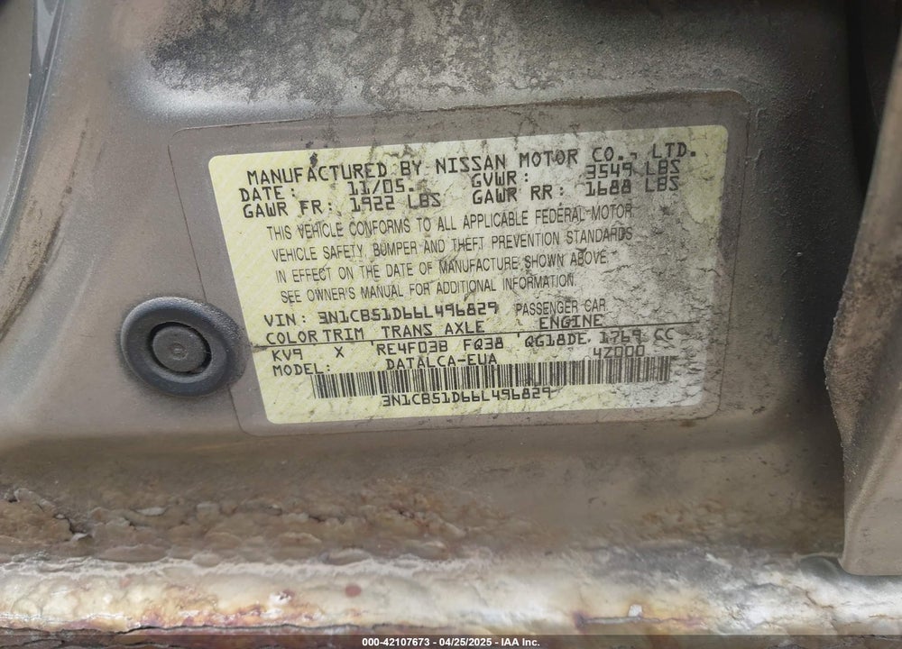 2006 NISSAN SENTRA VIN: 3N1CB51D66L496829