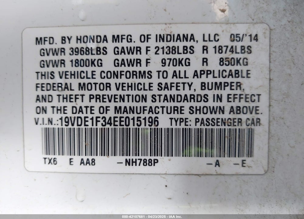 2014 ACURA ILX 2.0L VIN: 19VDE1F34EE015196