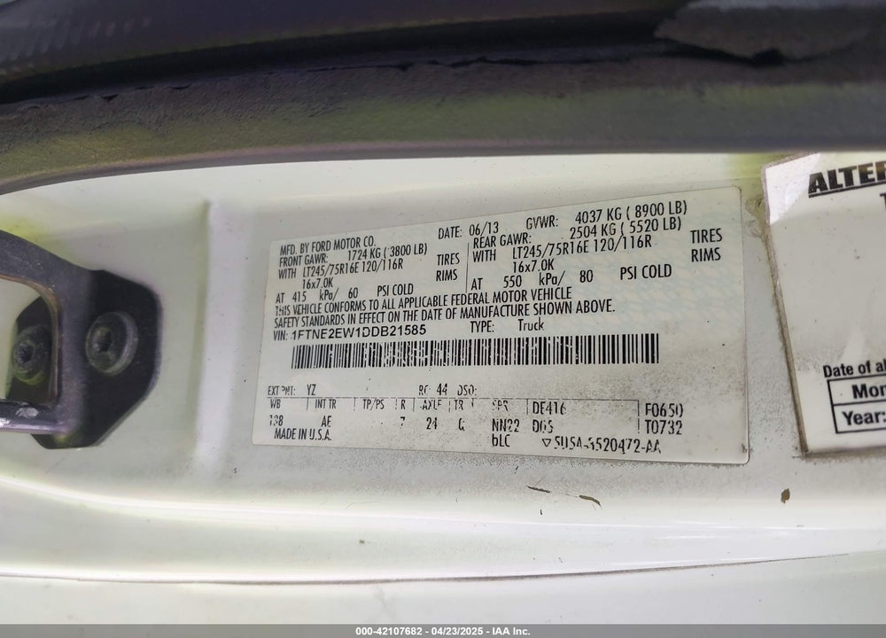 2013 FORD E-250 COMMERCIAL VIN: 1FTNE2EW1DDB21585