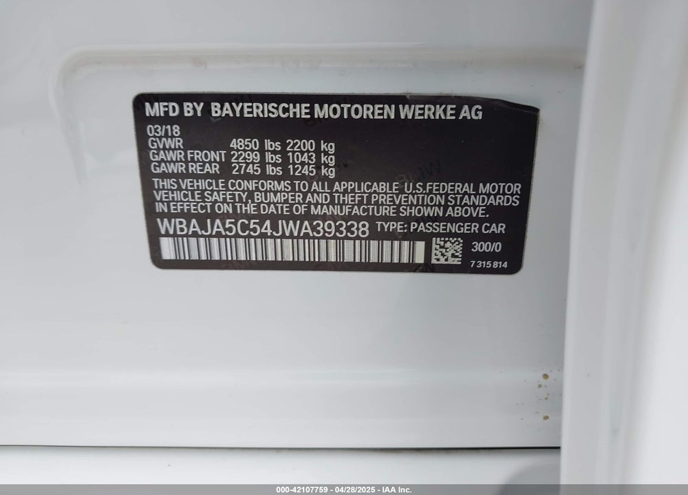 2018 BMW 5 SERIES VIN: WBAJA5C54JWA39338