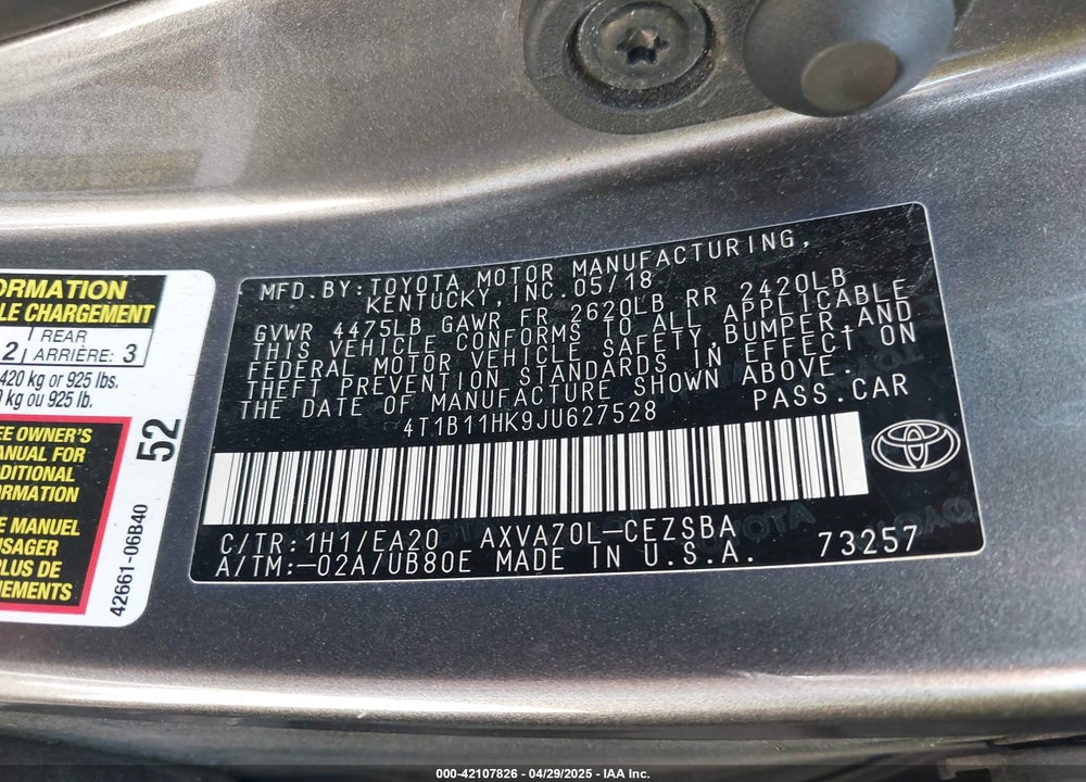 2018 TOYOTA CAMRY VIN: 4T1B11HK9JU627528