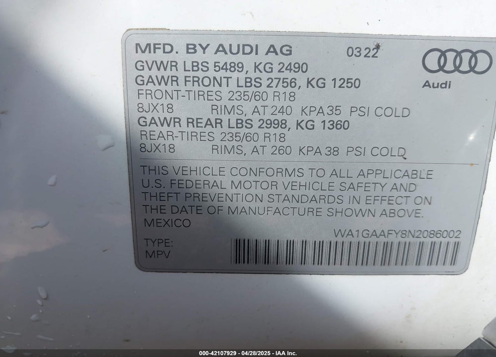 2022 AUDI Q5 VIN: WA1GAAFY8N2086002
