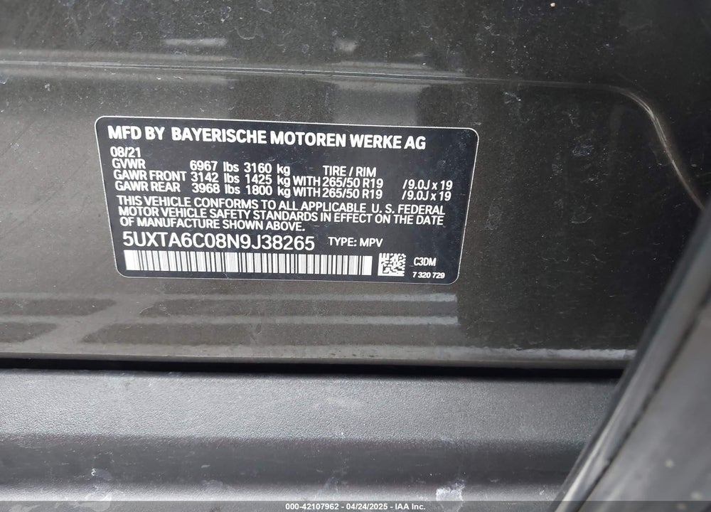 2022 BMW X5 PHEV XDRIVE45E VIN: 5UXTA6C08N9J38265