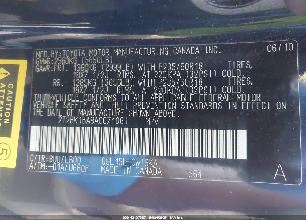 2010 LEXUS RX VIN: 2T2BK1BA8AC071061