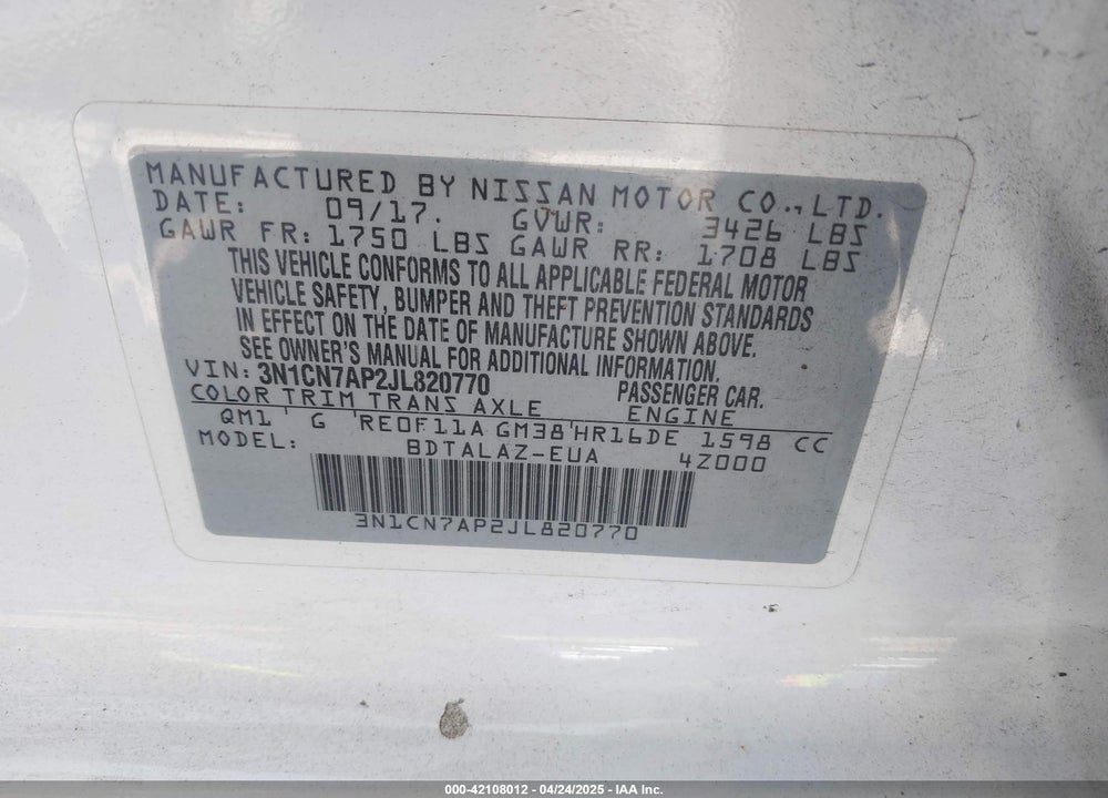 2018 NISSAN VERSA 1.6 S+ VIN: 3N1CN7AP2JL820770