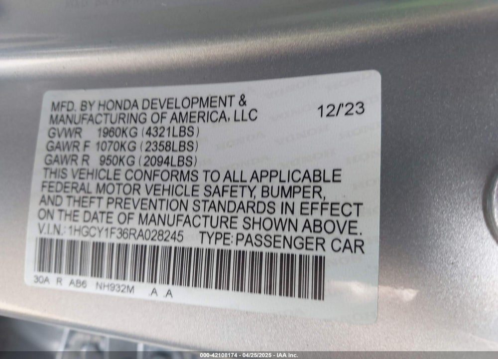 2024 HONDA ACCORD VIN: 1HGCY1F36RA028245