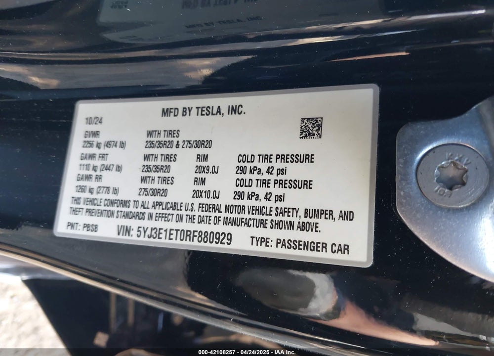 2024 TESLA MODEL 3 VIN: 5YJ3E1ET0RF880929