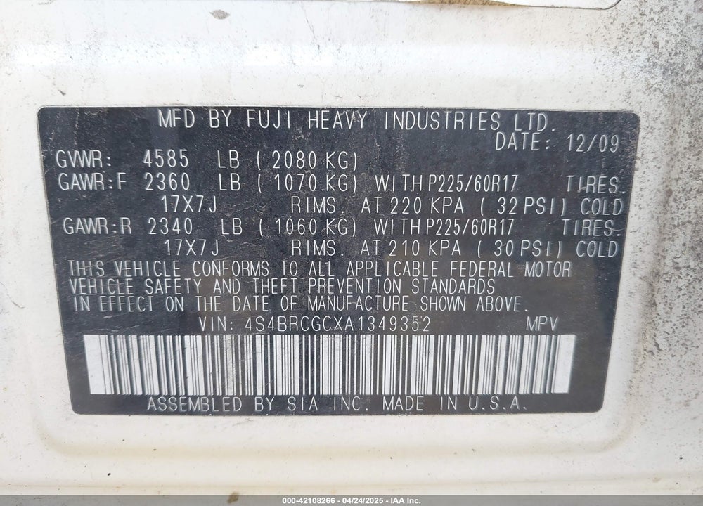 2010 SUBARU OUTBACK 2.5I PREMIUM VIN: 4S4BRCGCXA1349352