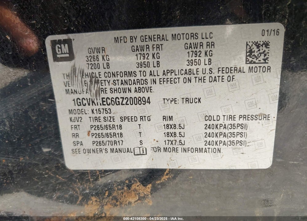 2016 CHEVROLET SILVERADO 1500 2LT VIN: 1GCVKREC6GZ200894