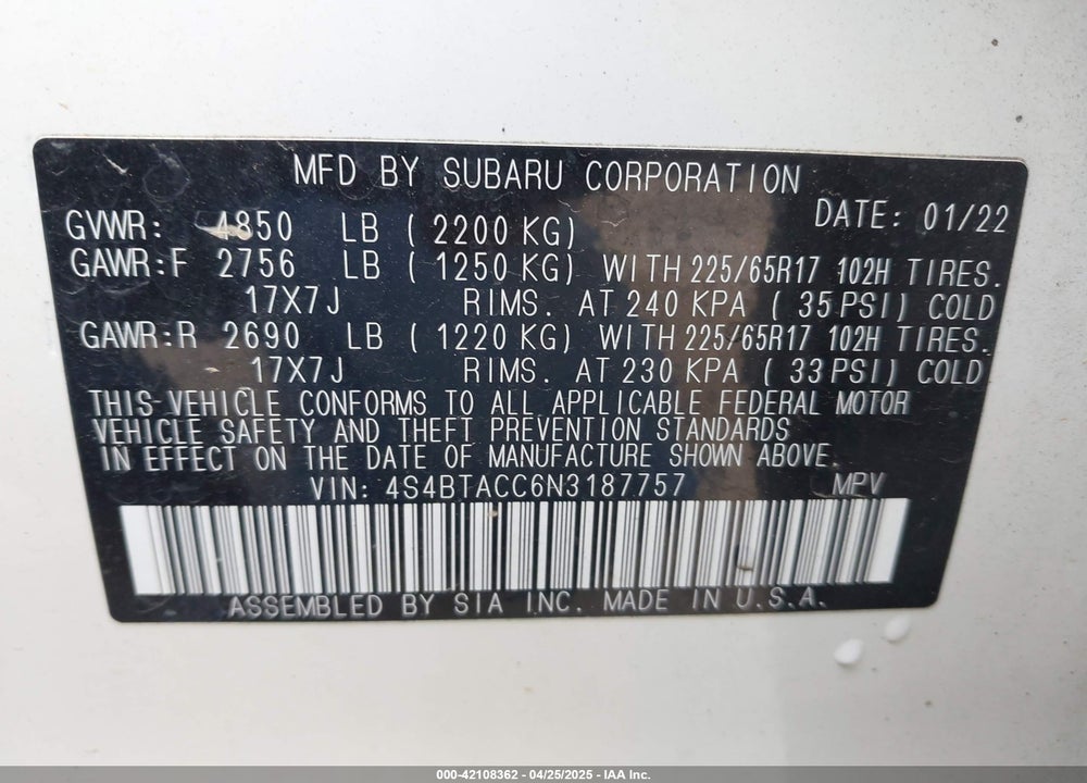 2022 SUBARU OUTBACK VIN: 4S4BTACC6N3187757