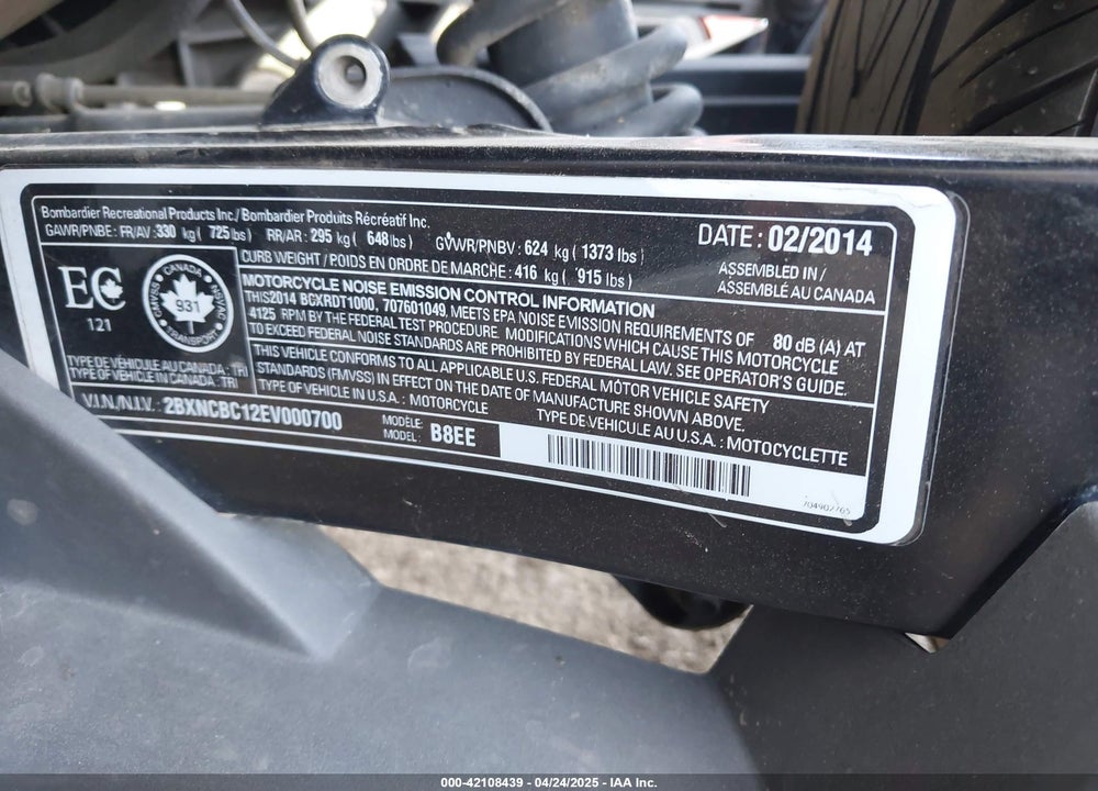 2014 CAN-AM SPYDER ROADSTER ST/STS/ST LIMITED VIN: 2BXNCBC12EV000700