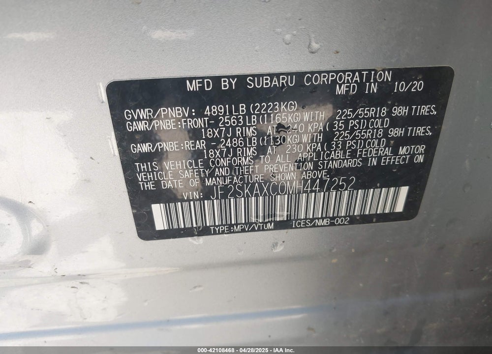 2021 SUBARU FORESTER VIN: JF2SKAXC0MH447252
