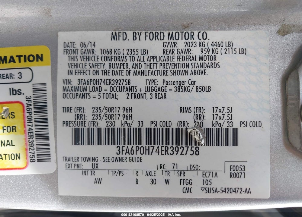 2014 FORD FUSION SE VIN: 3FA6P0H74ER392758